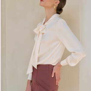 Silk Cream Cowl Pussycat Bow Tie Sleeve Blouse